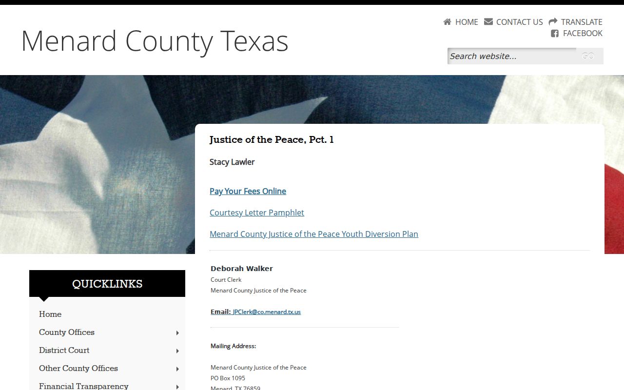 Menard County Justice of the Peace page with Class C jurisdiction and office details