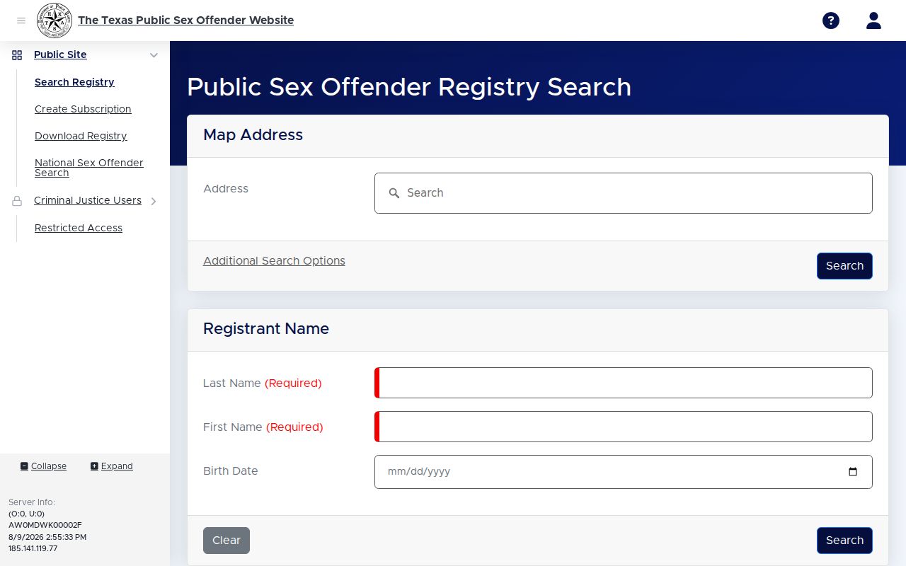 Texas DPS sex offender registry search screen used for Menard County searches
